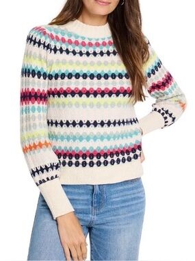 NIC+ZOE Pattern Waffle Stitch Sweater Pink Multi Stripe Ribbed Cuffs Crew Size S